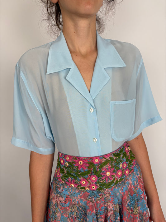 Cămașa baby blue din triplu no iron voal 50% mătase naturală
