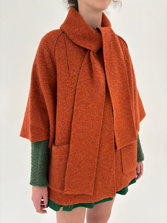 Jacheta tip capa rust orange din boiled wool cu eșarfă proprie