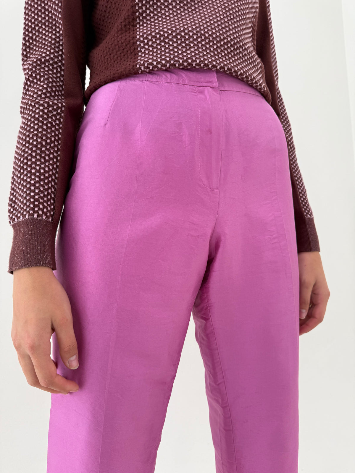 Pantaloni violet Pink petite din mătase naturală groasă dupioni de la zi la seară