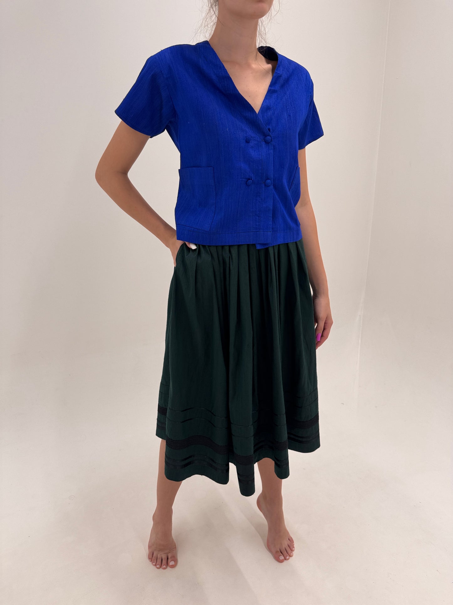 Fustă dark green vintage midi lung din mătase naturală dupioni de la zi la seară