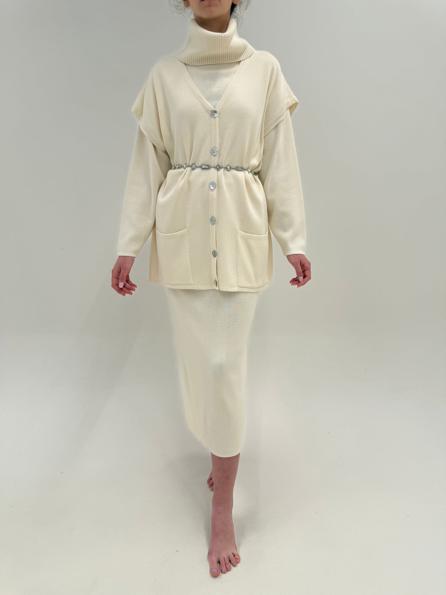 Set butter white din 3 piese de lana merino extrafina cu fustă maxi