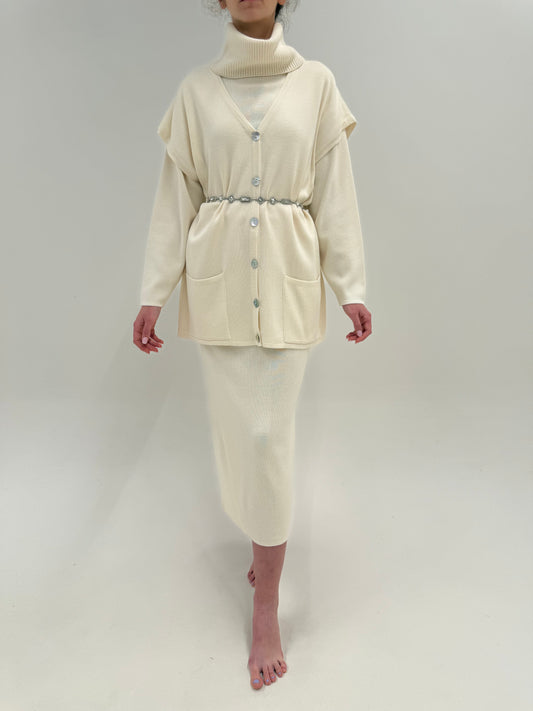 Set butter white din 3 piese de lana merino extrafina cu fustă maxi