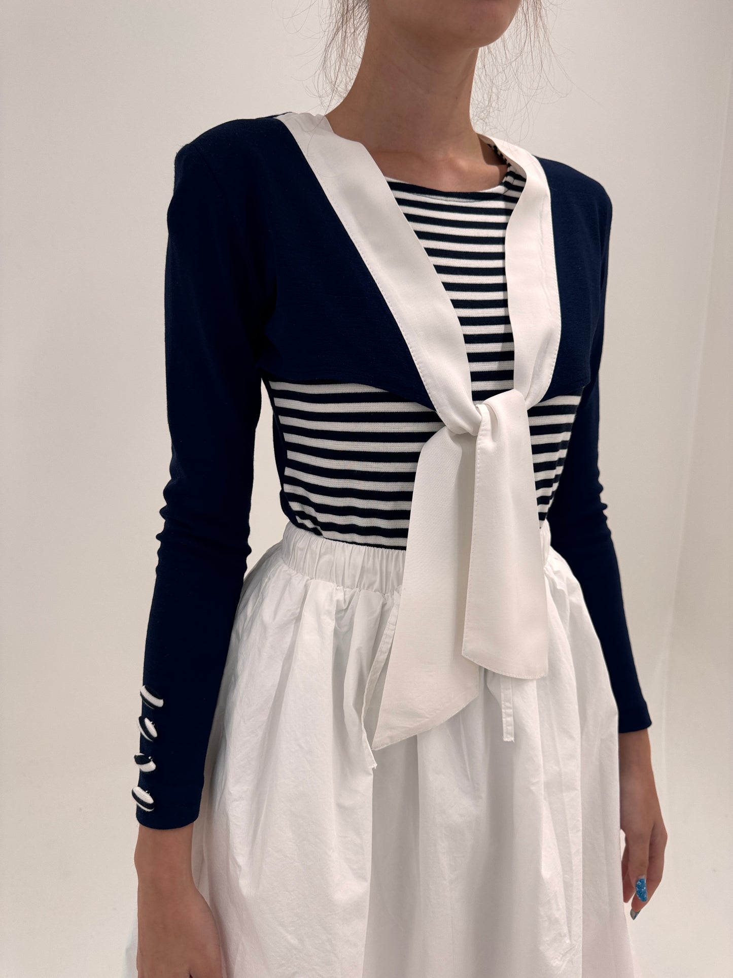 Soft knit vintage cu influențe nautice ultra chic Navy cu alb