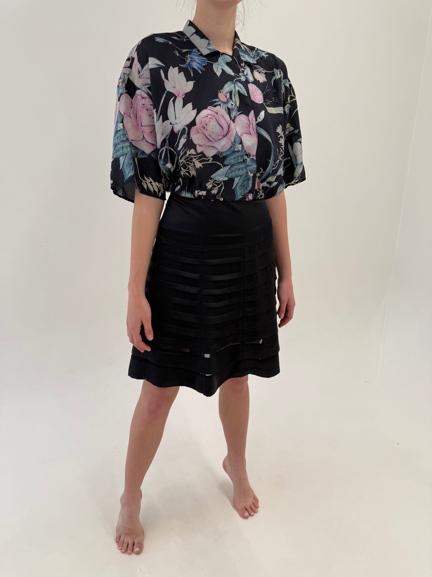 Fustă luxury Luisa Spagnoli neagră din mătase naturală ribbon appliqué