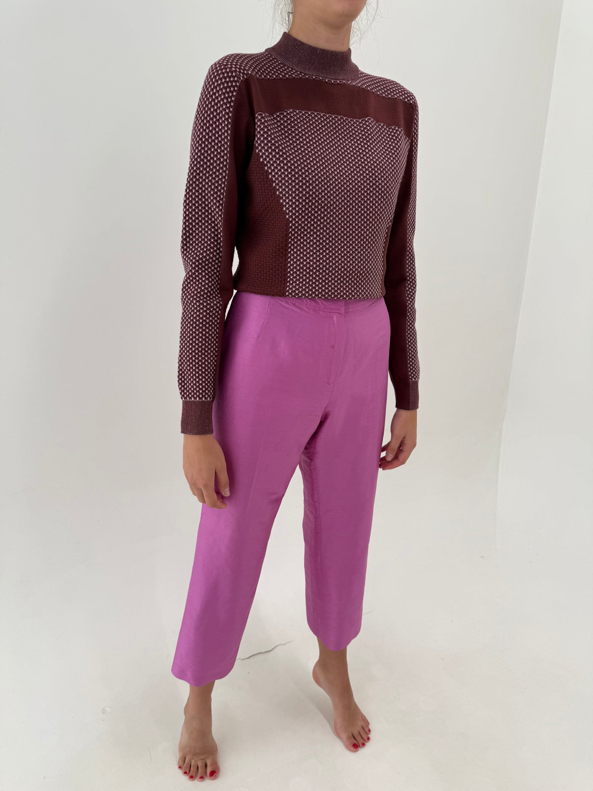 Pantaloni violet Pink petite din mătase naturală groasă dupioni de la zi la seară