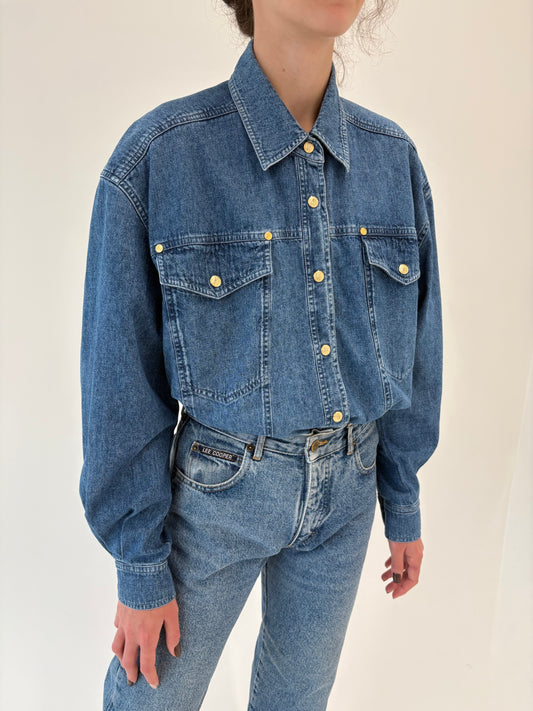 Cămașa luxury Escada din jeans moale cu nasturi metalici aurii