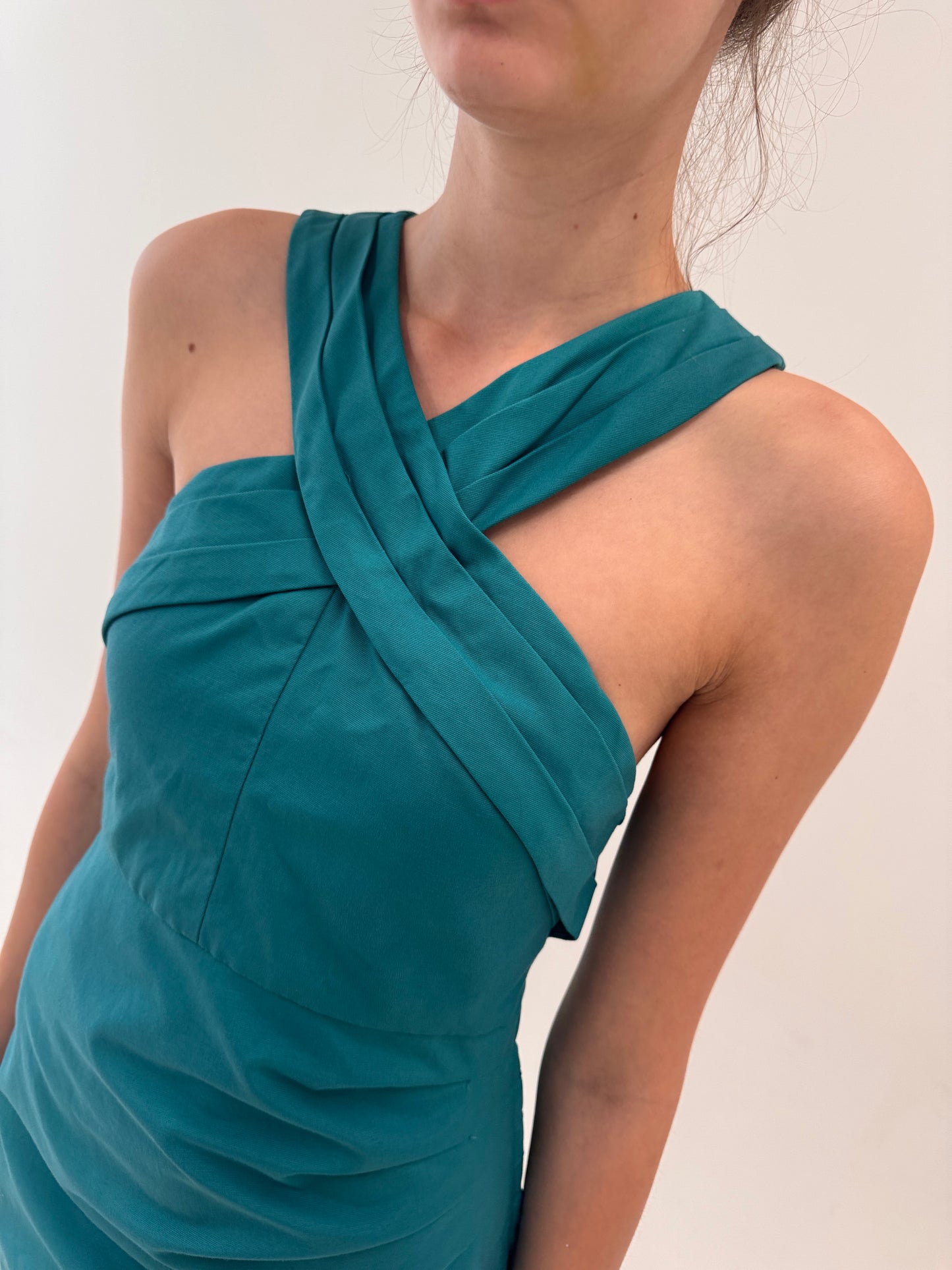 Rochie aqua green din faille de bumbac cu talie fronsata și corsaj