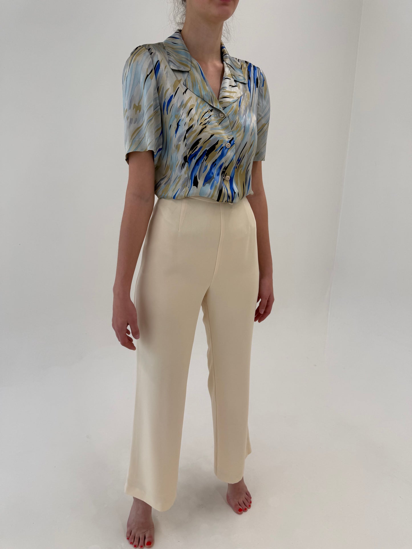 Pantaloni butter white cu talie ultra înaltă din crep premium