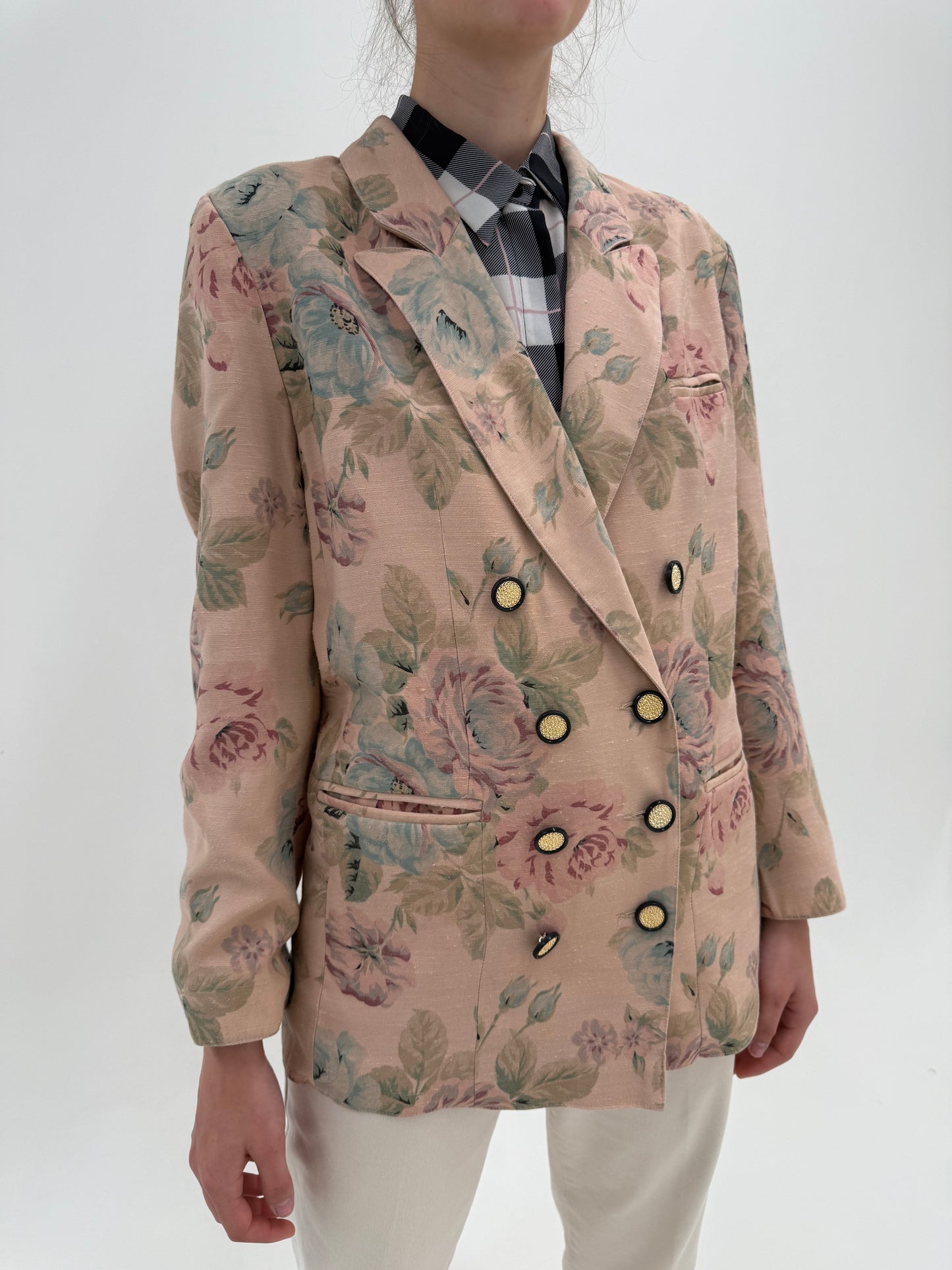 Sacou vintage dusty powder Pink cu print floral superb din pânză de in