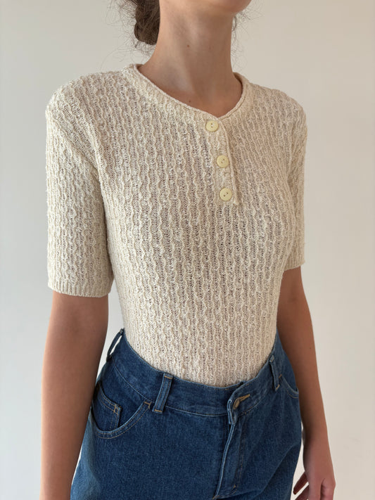 Top vintage butter white din tricot de bumbac texturat de gramaj mare