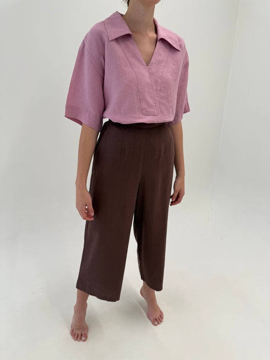 Pantaloni palazzo chocolate brown cu talie ultra înaltă elastică marcată