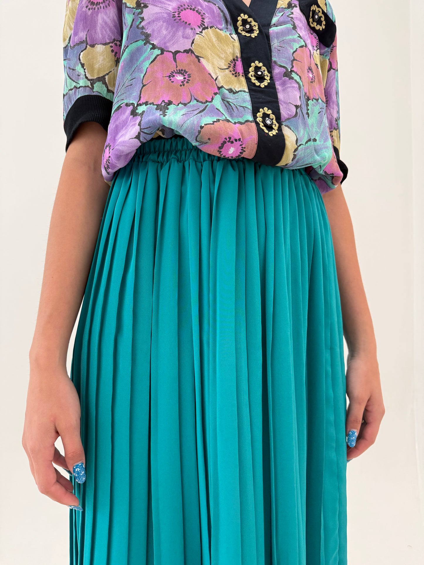 Fustă vintage plisată aqua blue cu talie ultra înaltă elastică midi