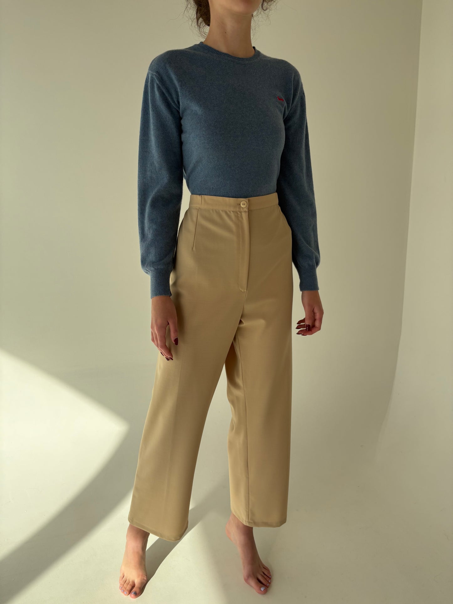 Pantaloni camel din stofita de lana extrafina elastică cu talie ultra înaltă