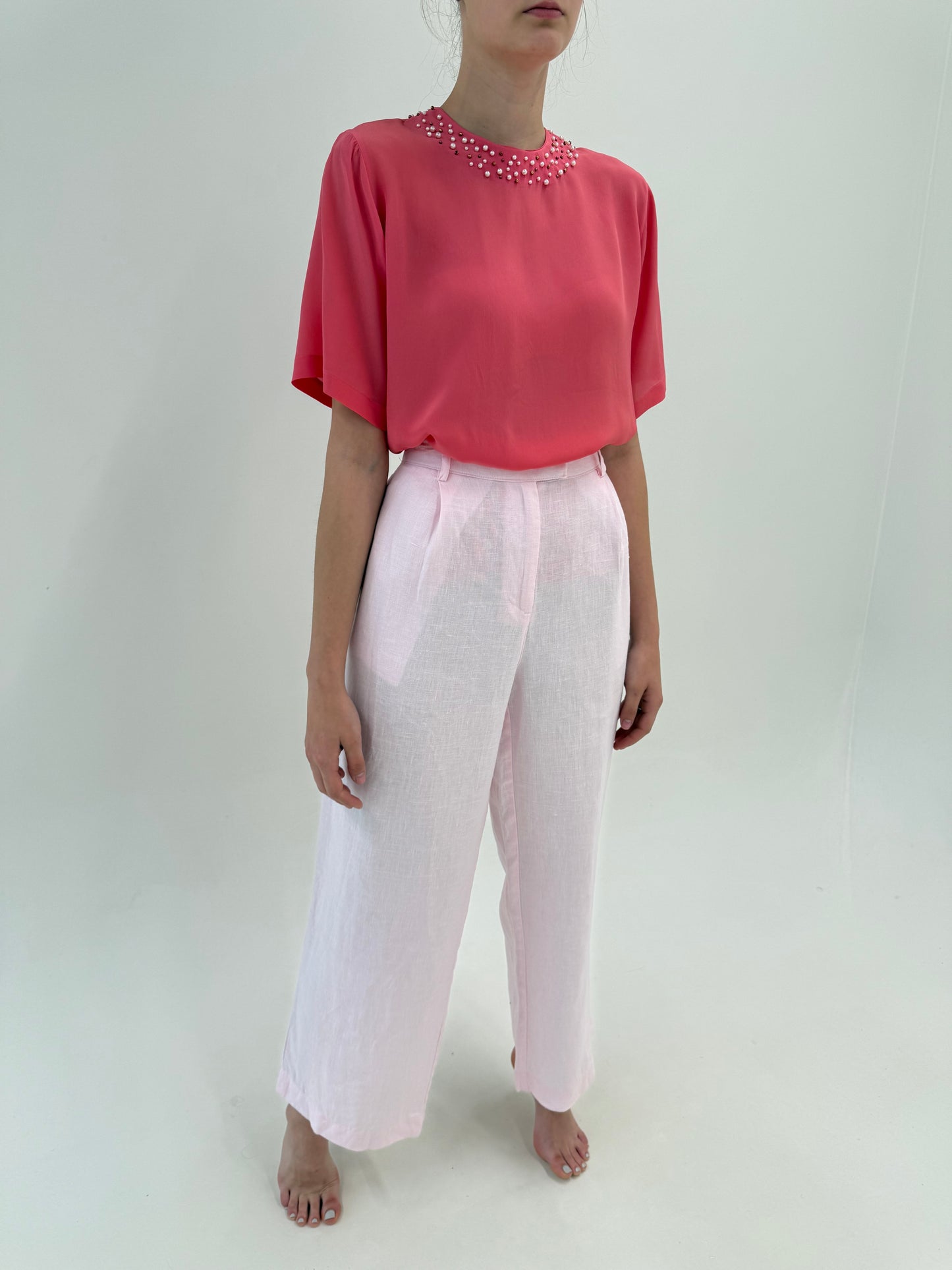 Pantaloni palazzo din in premium powder pink cu talie extrem de înaltă