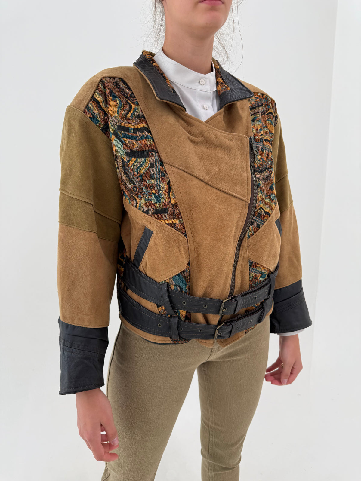 Geaca biker petite vintage camel din piele naturală și brocart