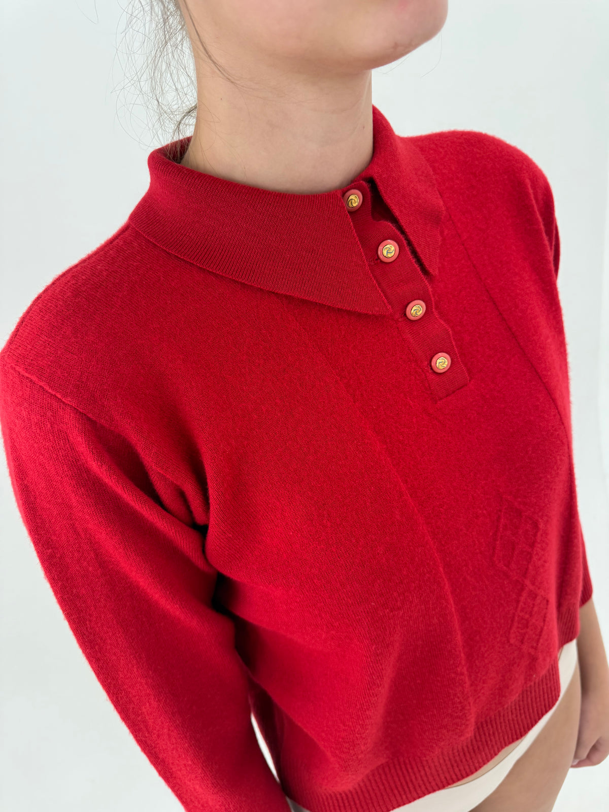 Pulover vintage polo petite din lana extafina roșu tare
