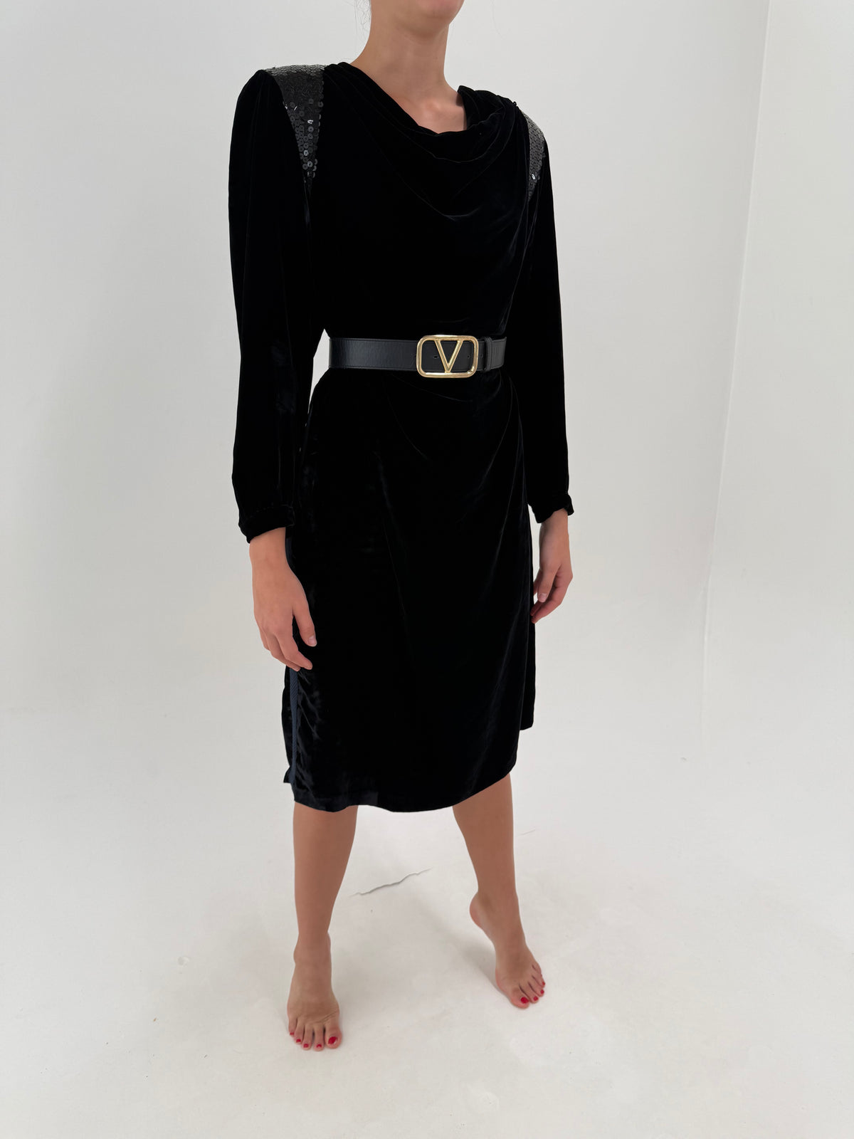 Rochie neagră de brand luxury Marina Rinaldi din catifea prețioasă mix de mătase naturală