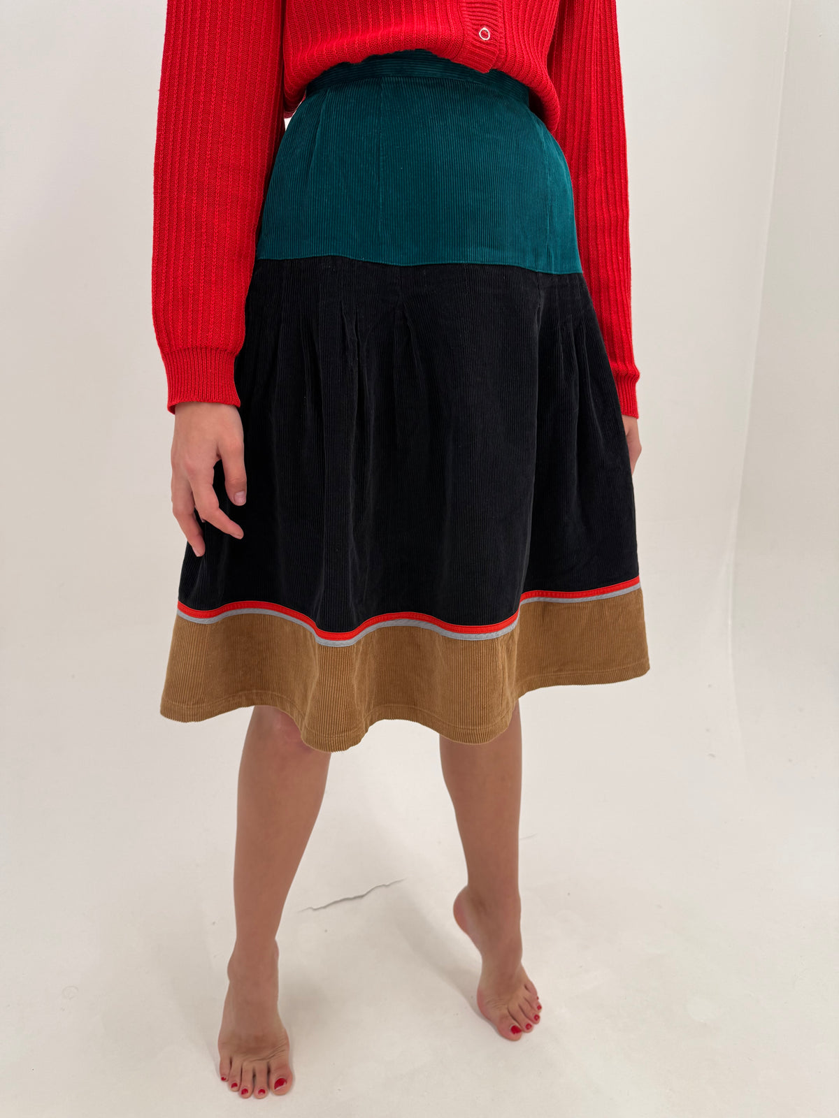 Fustă vintage midi din catifea plina raiata colorblock retro modernă