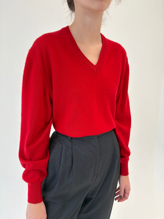 Pulover italian cherry red din lana merino extrafina cu manșete îngustate