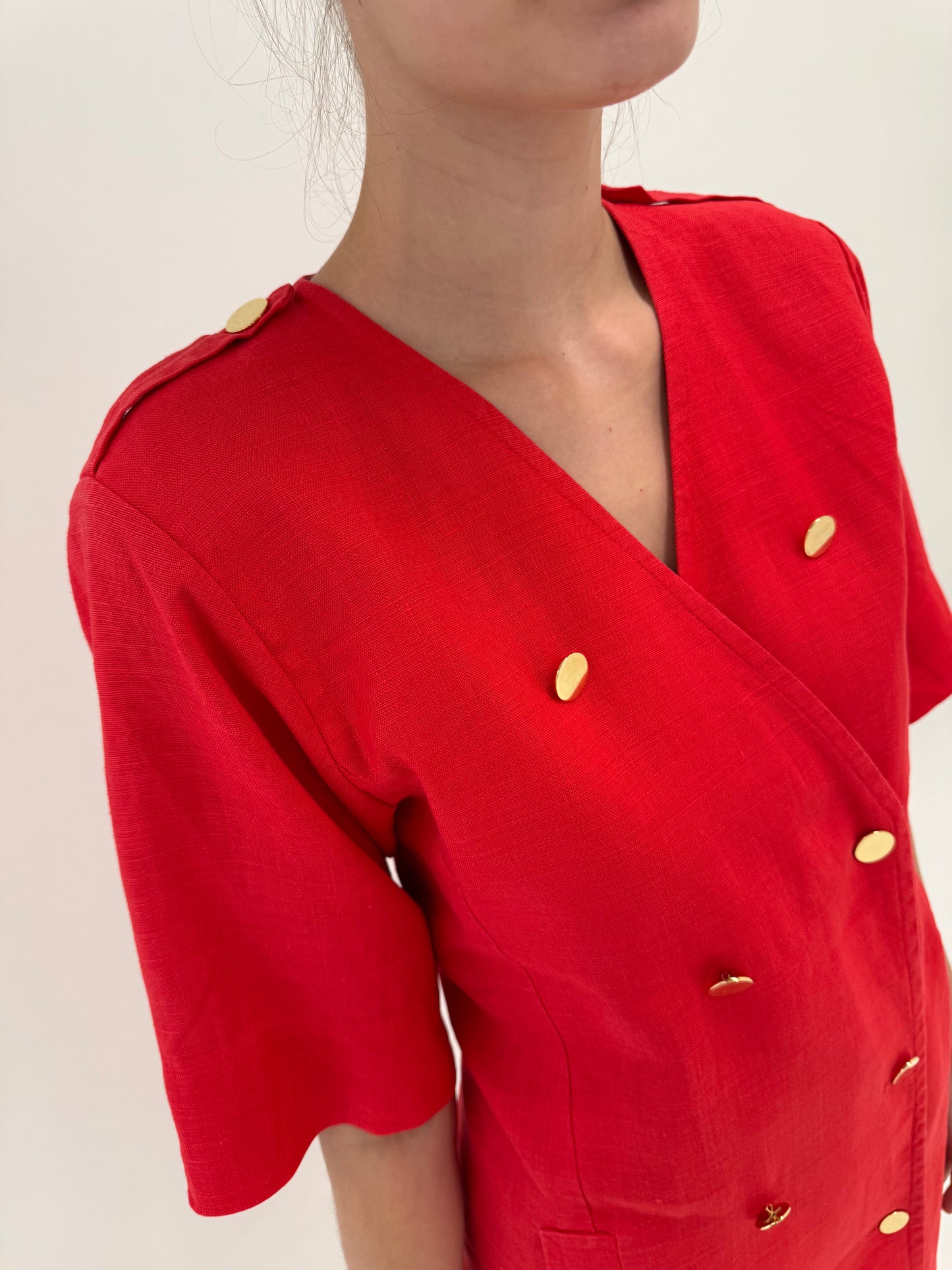 Rochie vintage Yves Saint Laurent din pânză structurată de in cu nasturi metalici aurii