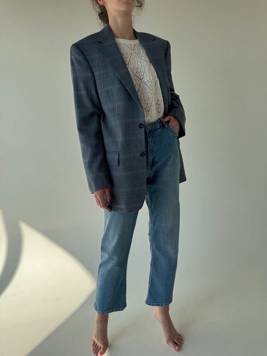 Sacou jeans blue din lana extafina, mătase naturală și in