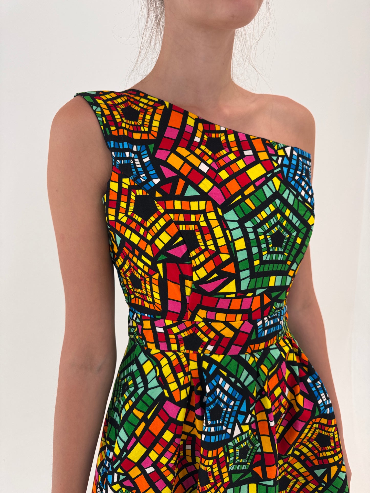 Rochie cu corsaj din canvas de bumbac cu print manual în culori tari