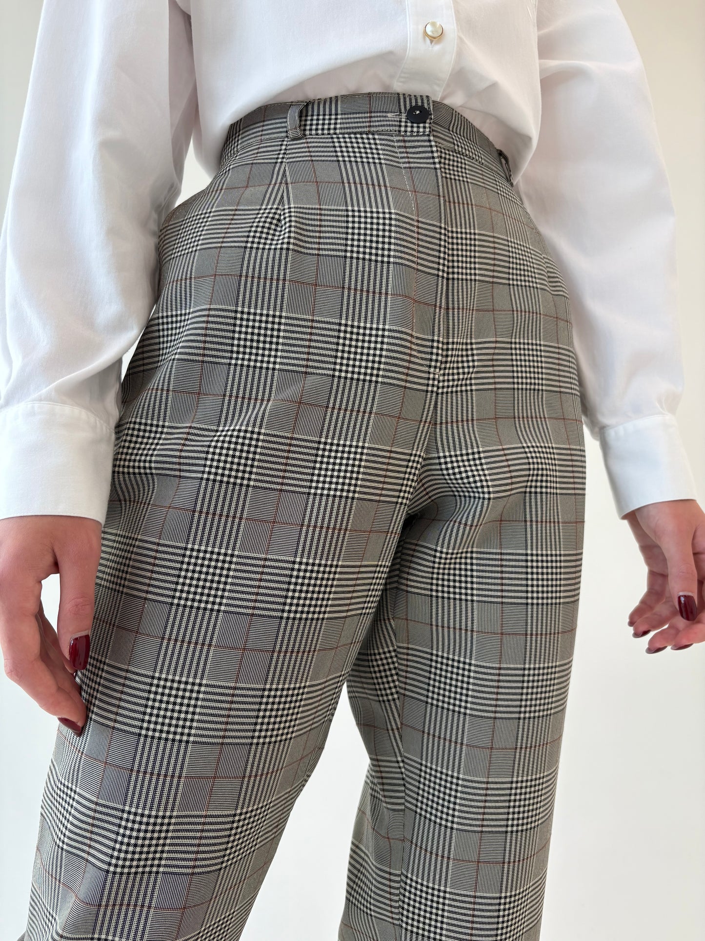 Pantaloni țigaretă don lana extrafina în carouri cu talie ultra înaltă