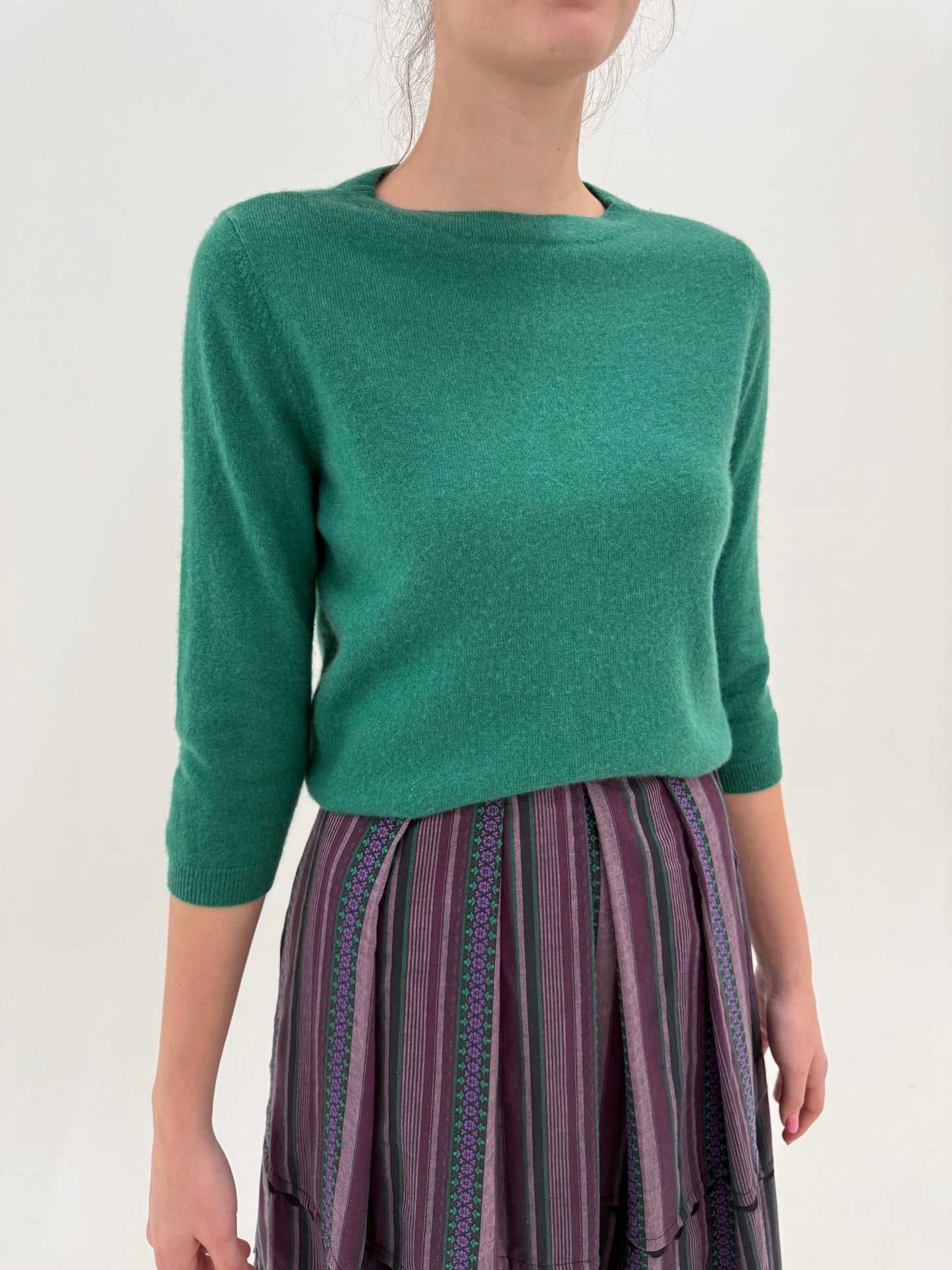 Puloveras din cașmir cu mânecă 3/4 verde smarald