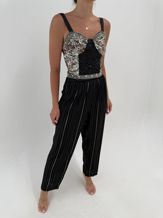 Pantaloni vaporosi cu talie ultra înaltă și inserție fină aurie de la zi la seară