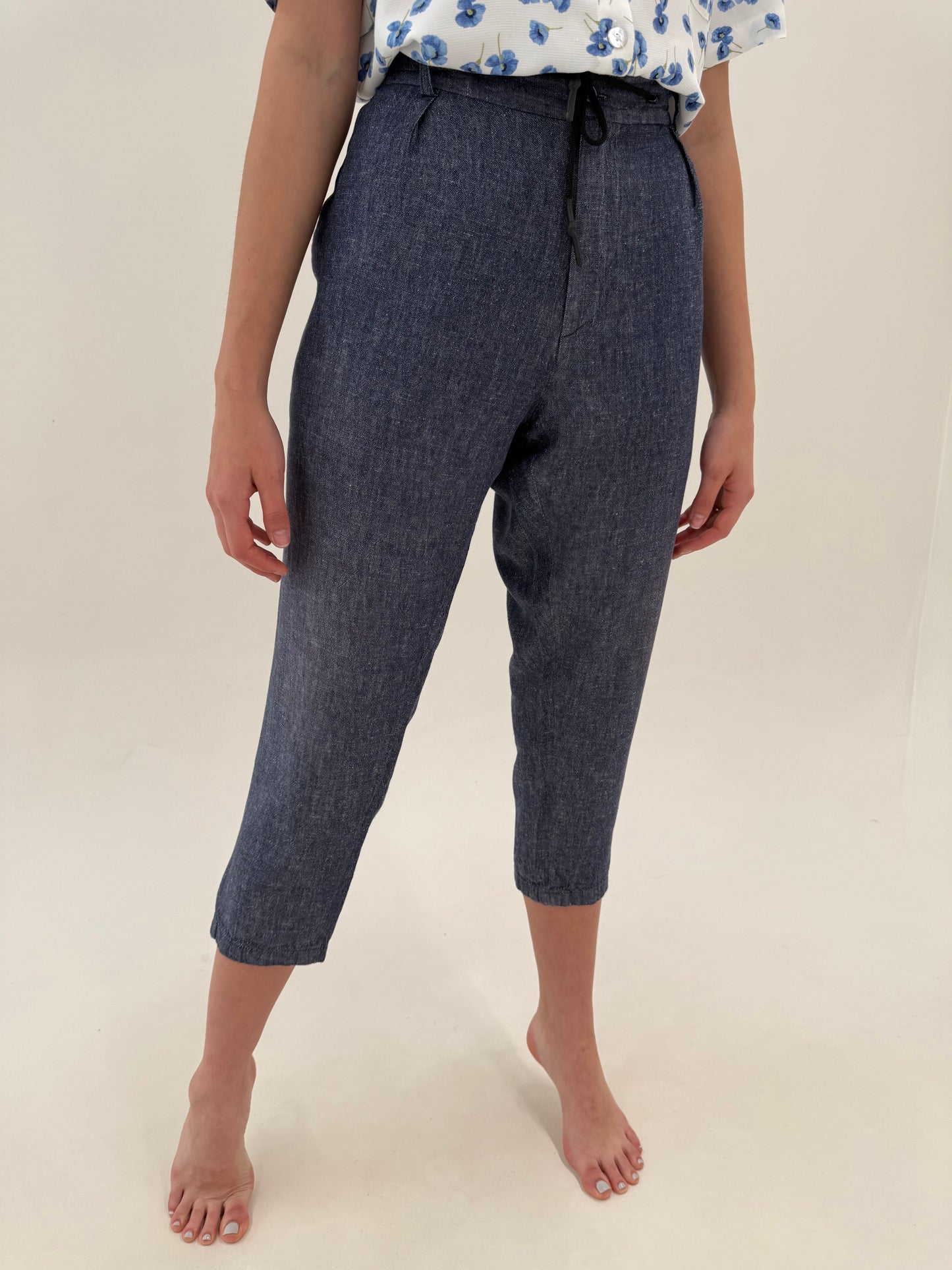 Pantaloni petite plus size din in premium cu talie reglabilă