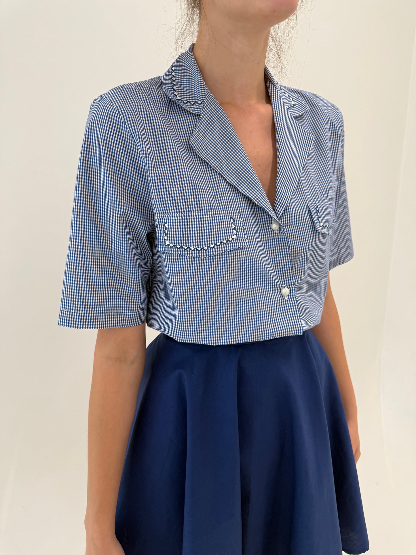 Cămașa gingham din bumbac premium Navy cu alb