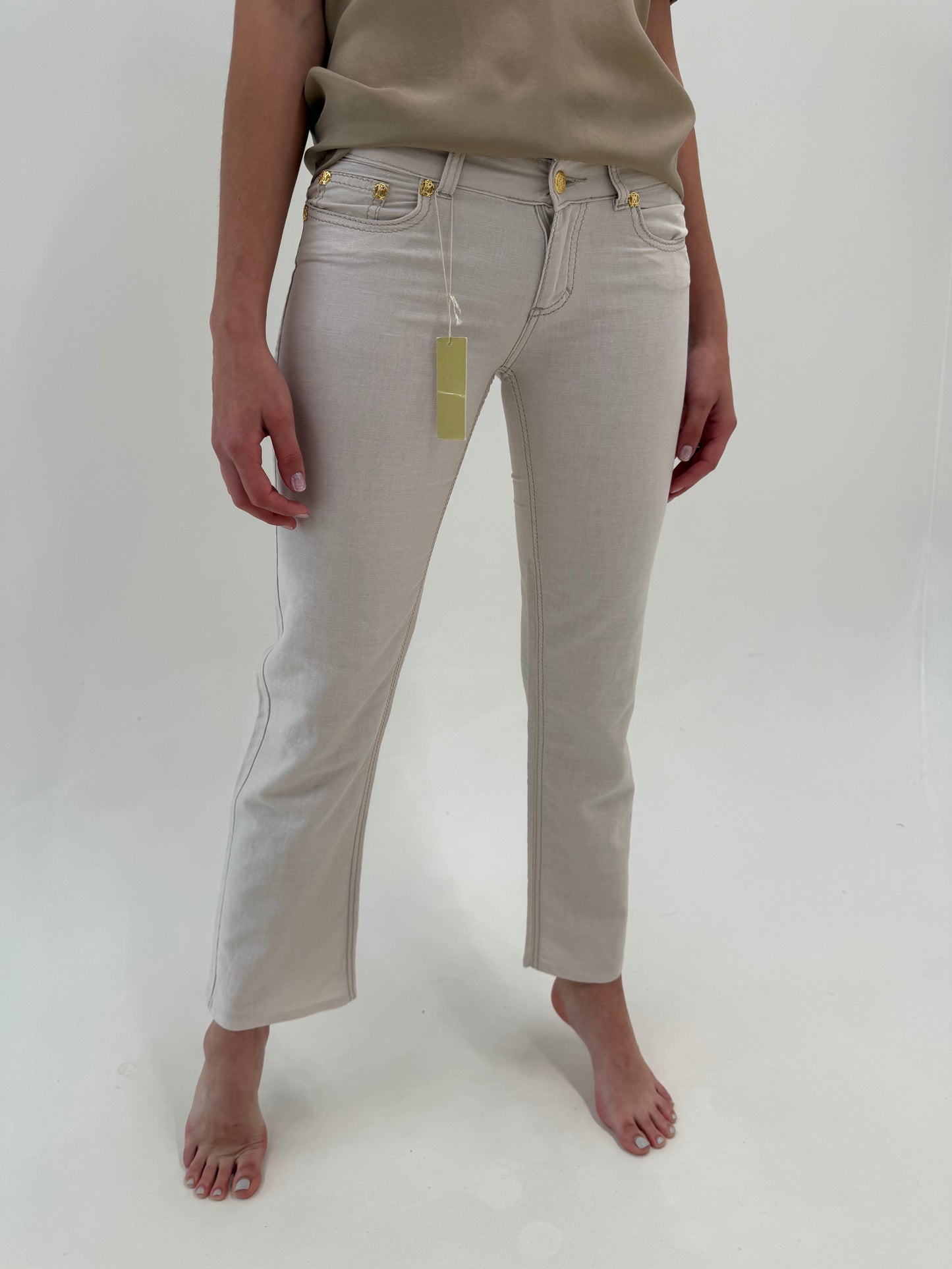 Pantaloni iconici Roberto Cavalli din pânză perlata noi cu etichetă off white