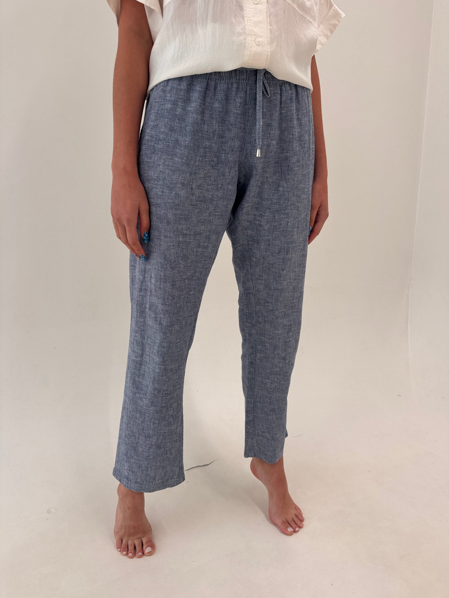 Pantaloni jeans blue din pânză de in melanj cu talie ultra elastică reglabilă
