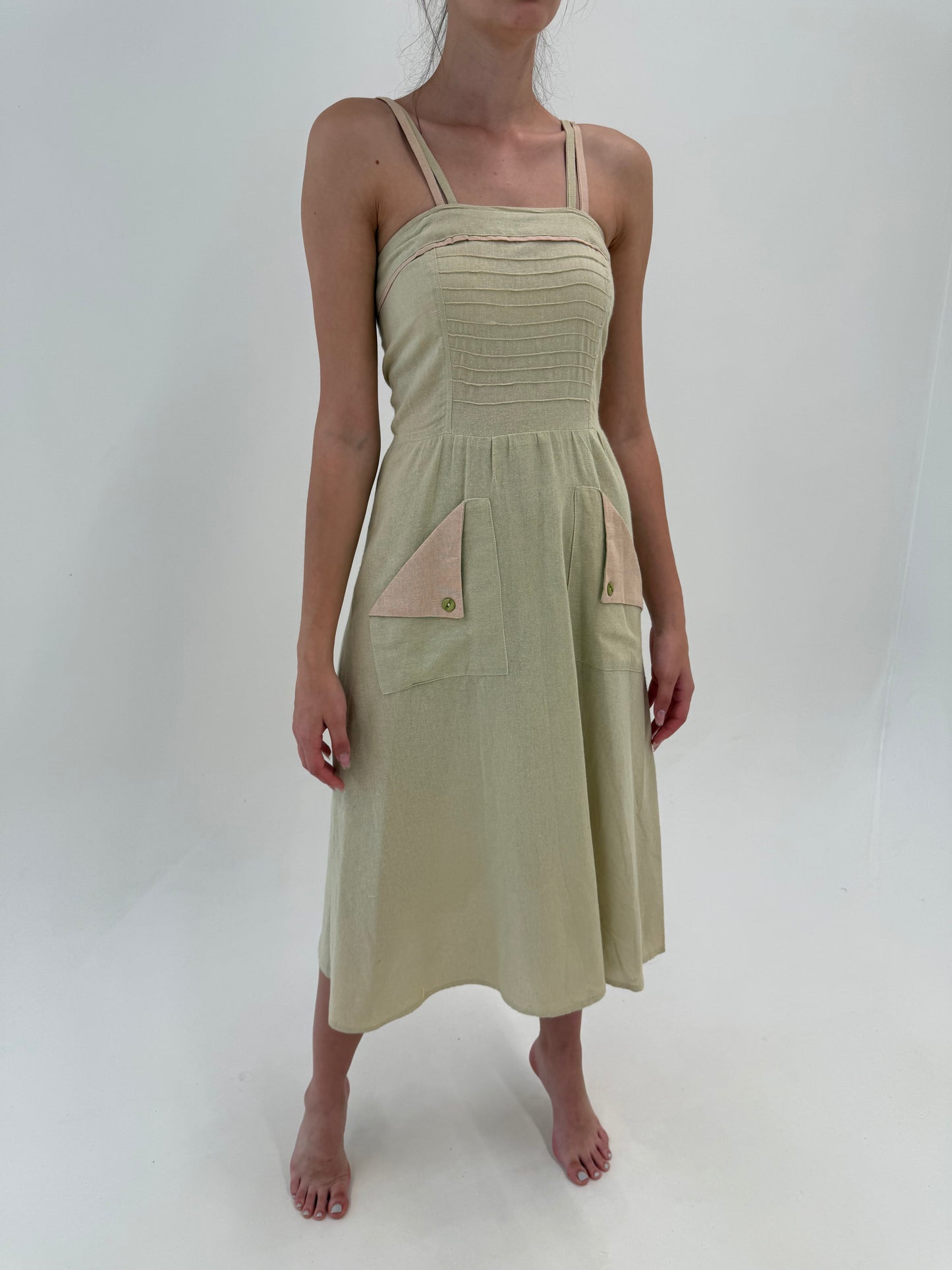 Rochie maxi vintage Sage green cu inserții powder Pink din pânză de in
