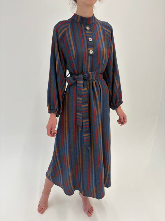 Rochie maxi old vintage sfârșit de ani 70 din lana extrafina cu talie reglabilă