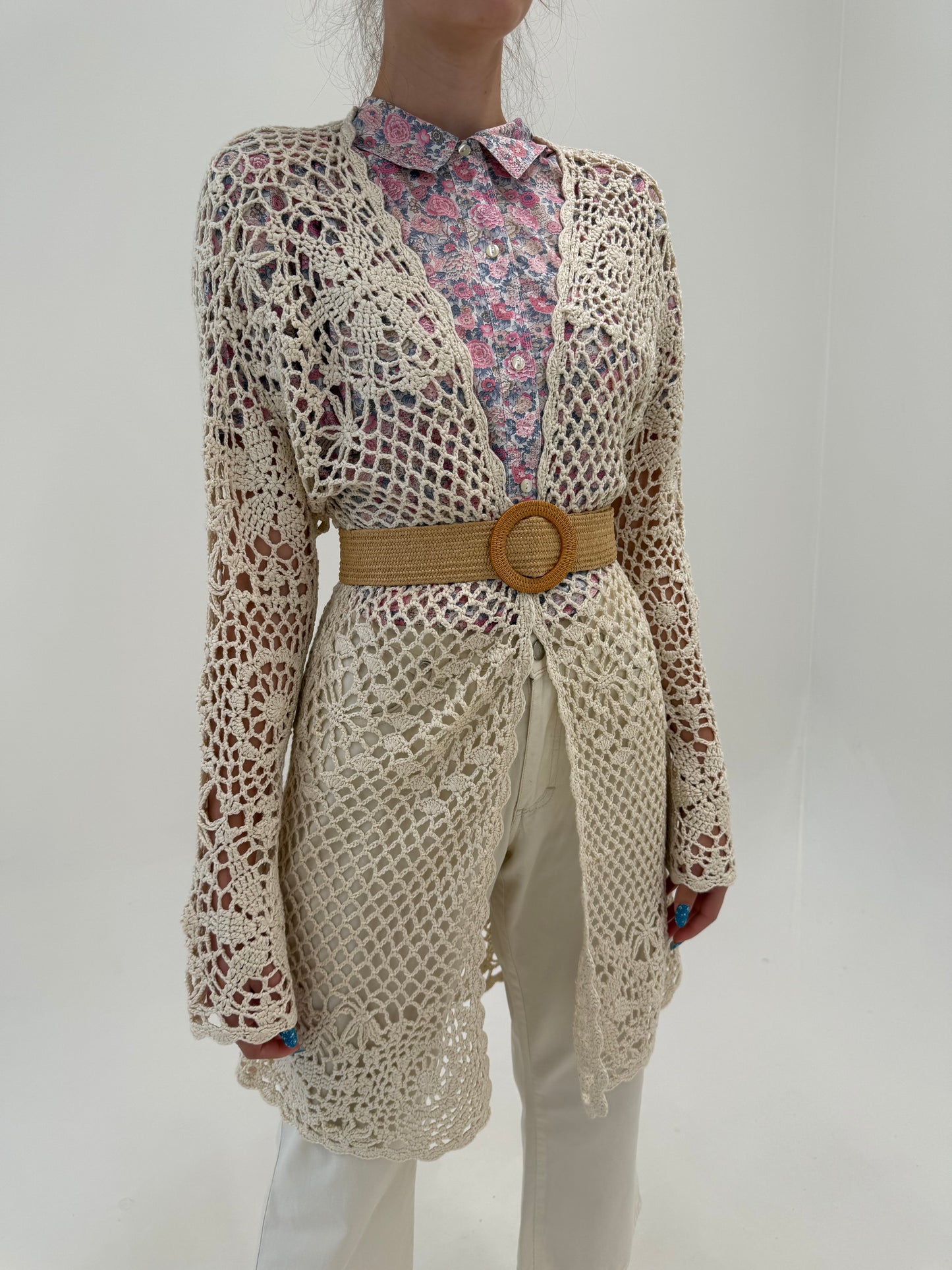 Cardigan lung din macrame de ham ca lucrat manual butter white