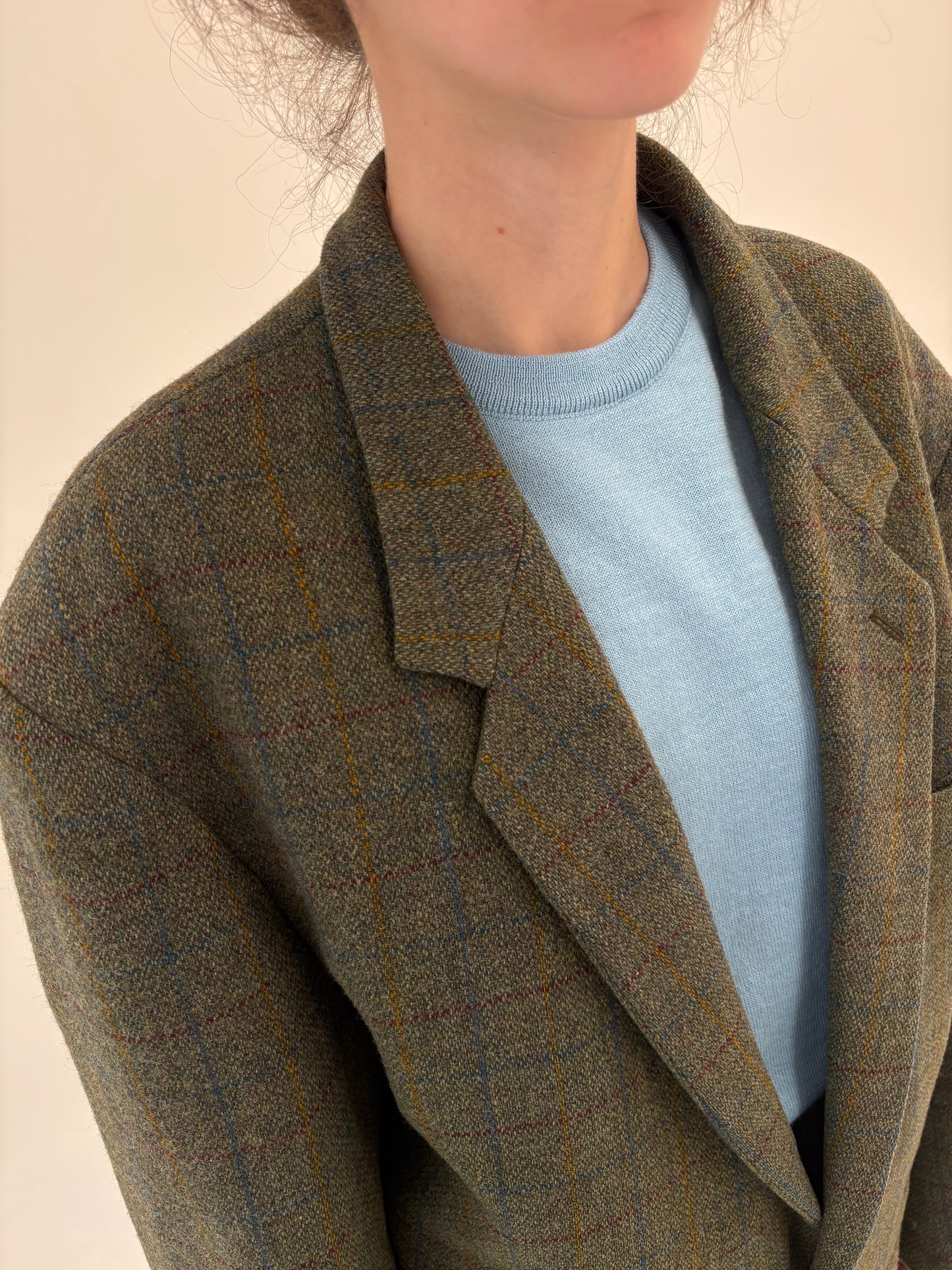 Sacou plus size din tweed forest green în carouri colorate