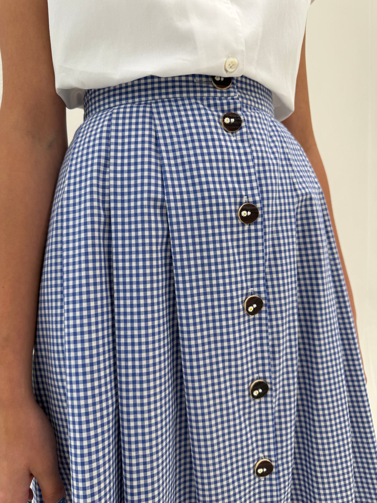 Fustă maxi vintage gingham cu talie ultra marcată înaltă din canvas de bumbac
