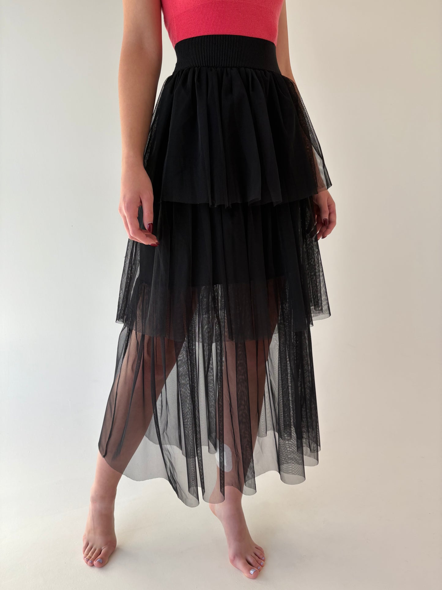 Fustă maxi neagră din tulle moale cu talie ultra înaltă marcată elastică