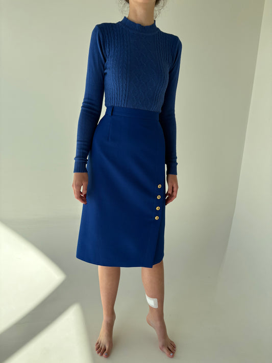 Fustă midi albastru regal cu talie ultra înaltă și nasturi aurii