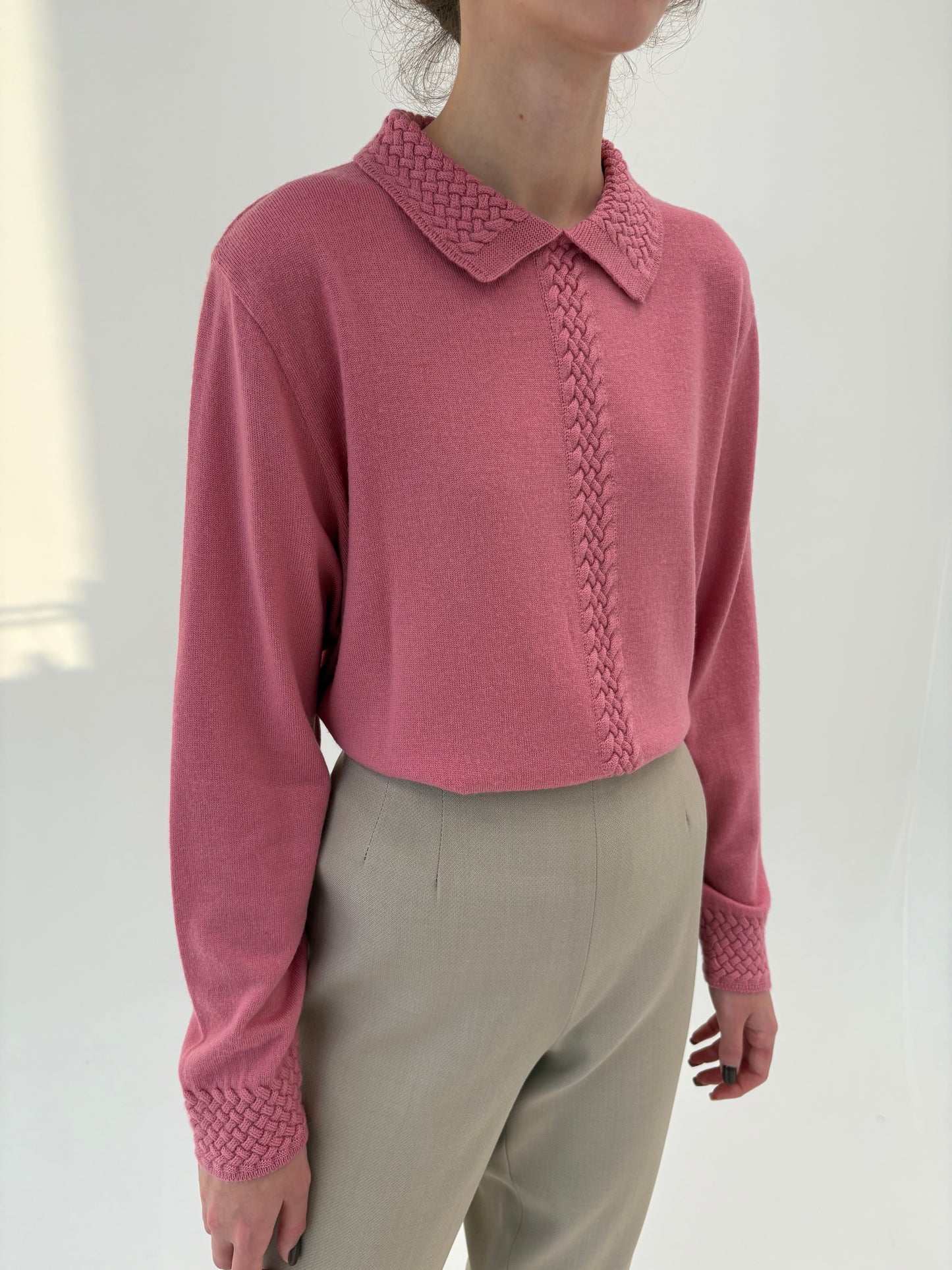 Pulover polo powder Pink din lana merino extrafina certificată de gramaj mare