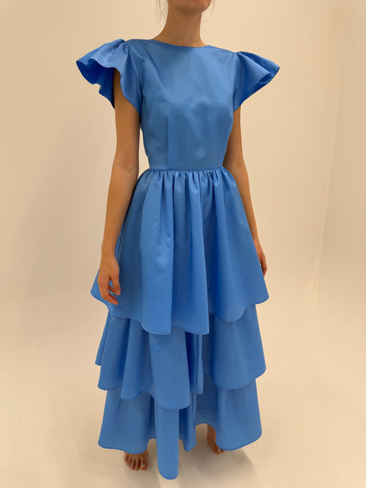 Rochie vintage maxi albastru ciel din tafta mai mată cu volume superbe
