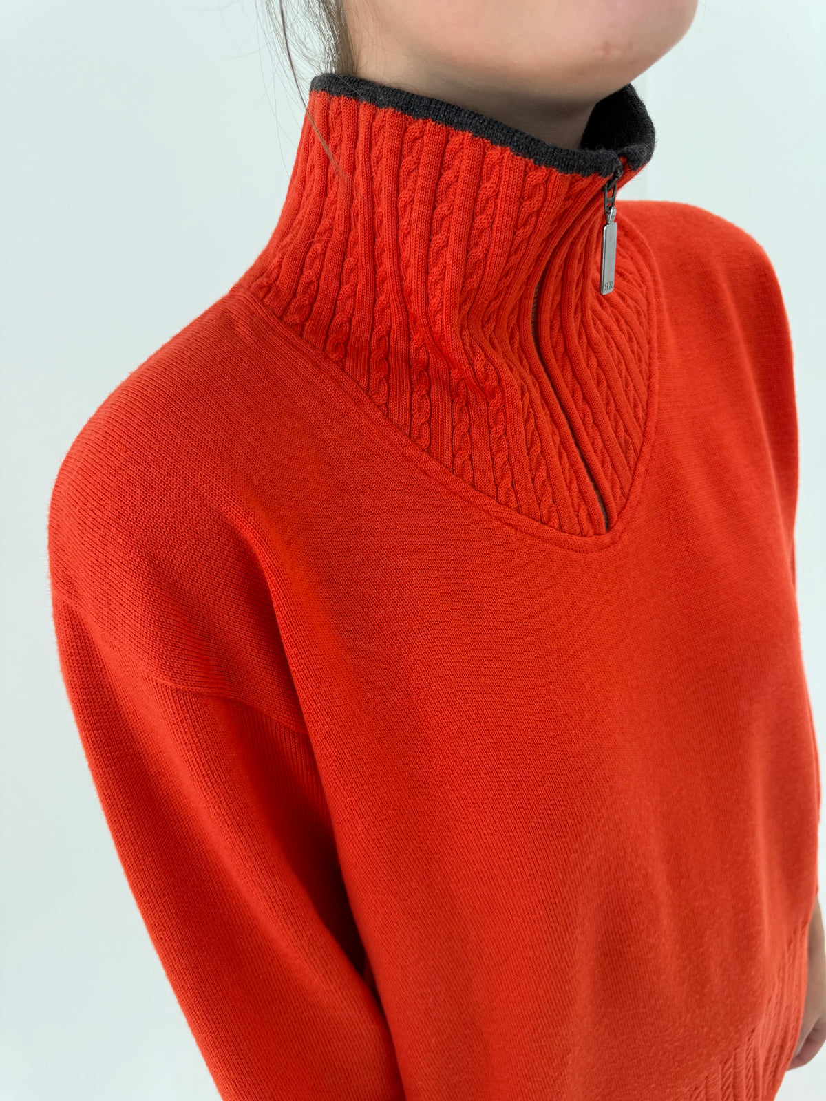 Maleta oranj quarter zip petite din lana extrafina pura virgină certificată