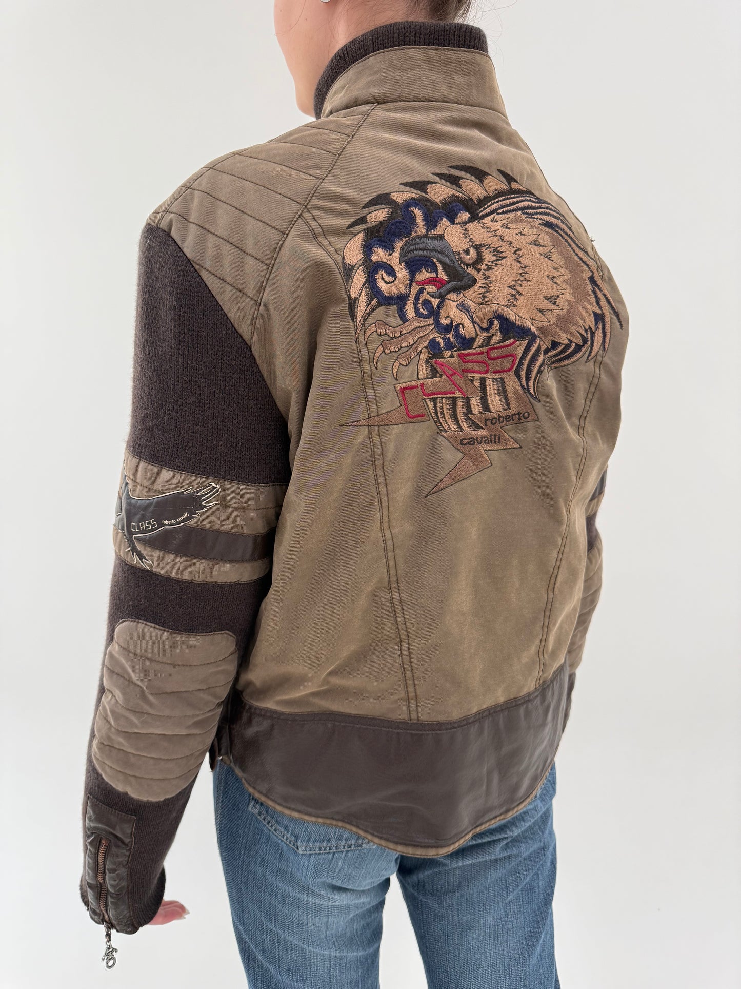 Bomber jacket vintage Roberto Cavalli tall din piele, bumbac și mâneci din lana