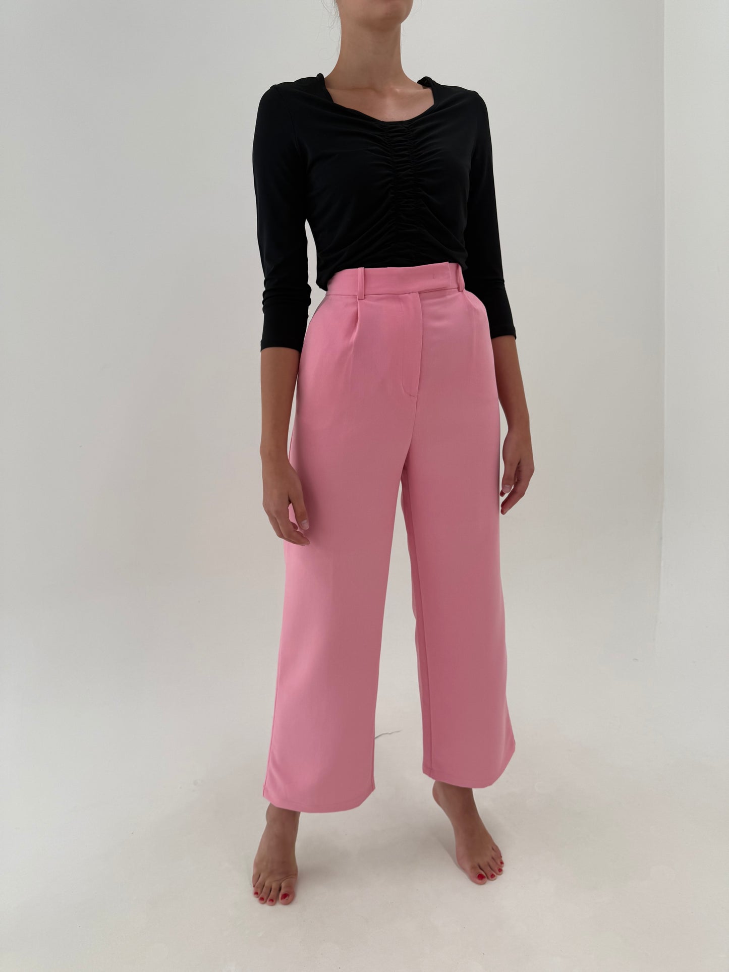 Pantaloni palazzo Versace din bumbac gros de toamnă bubblegum pink cu talie extrem de înaltă