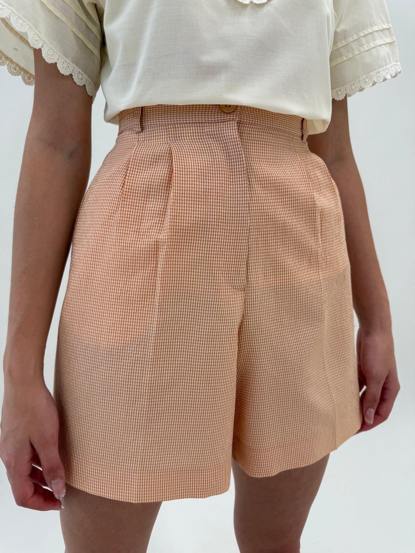 Costum chic gingham de vară din pânză fină camel