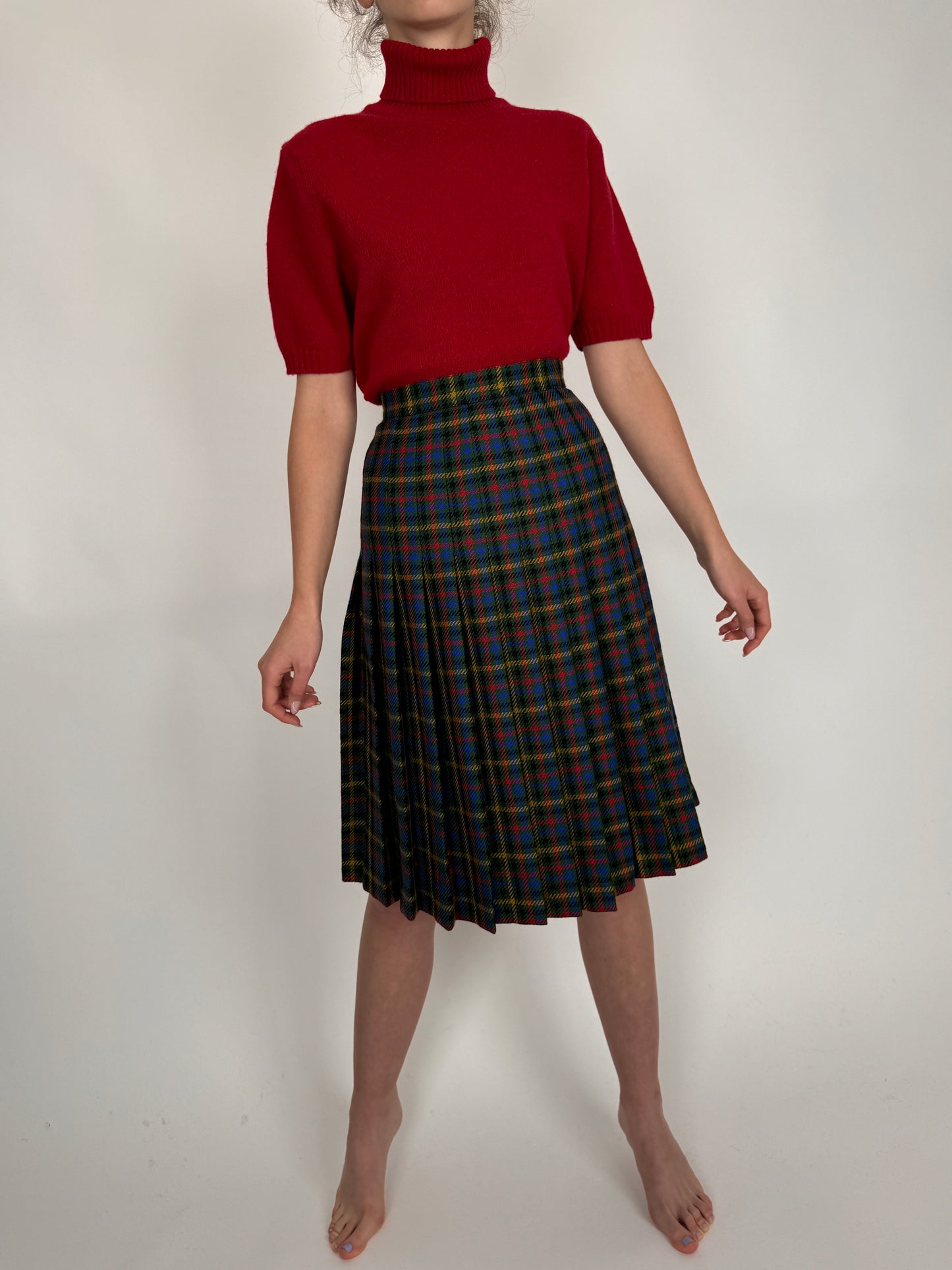 Fustă vintage plisată din Tartan extrafin plin de lana în culori tari