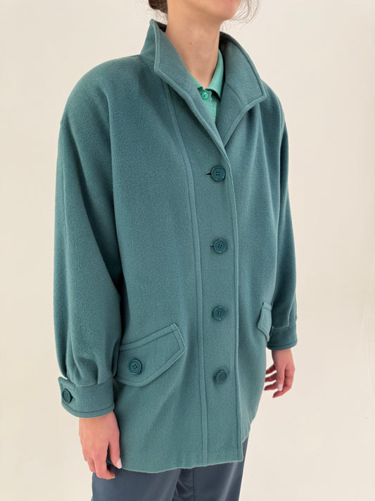 Palton vintage petite în croi oversized ocean blue din stofă pufoasă extrafina