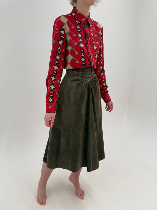 Fustă din piele naturală Sage green cu talie ultra marcată înaltă midi lung