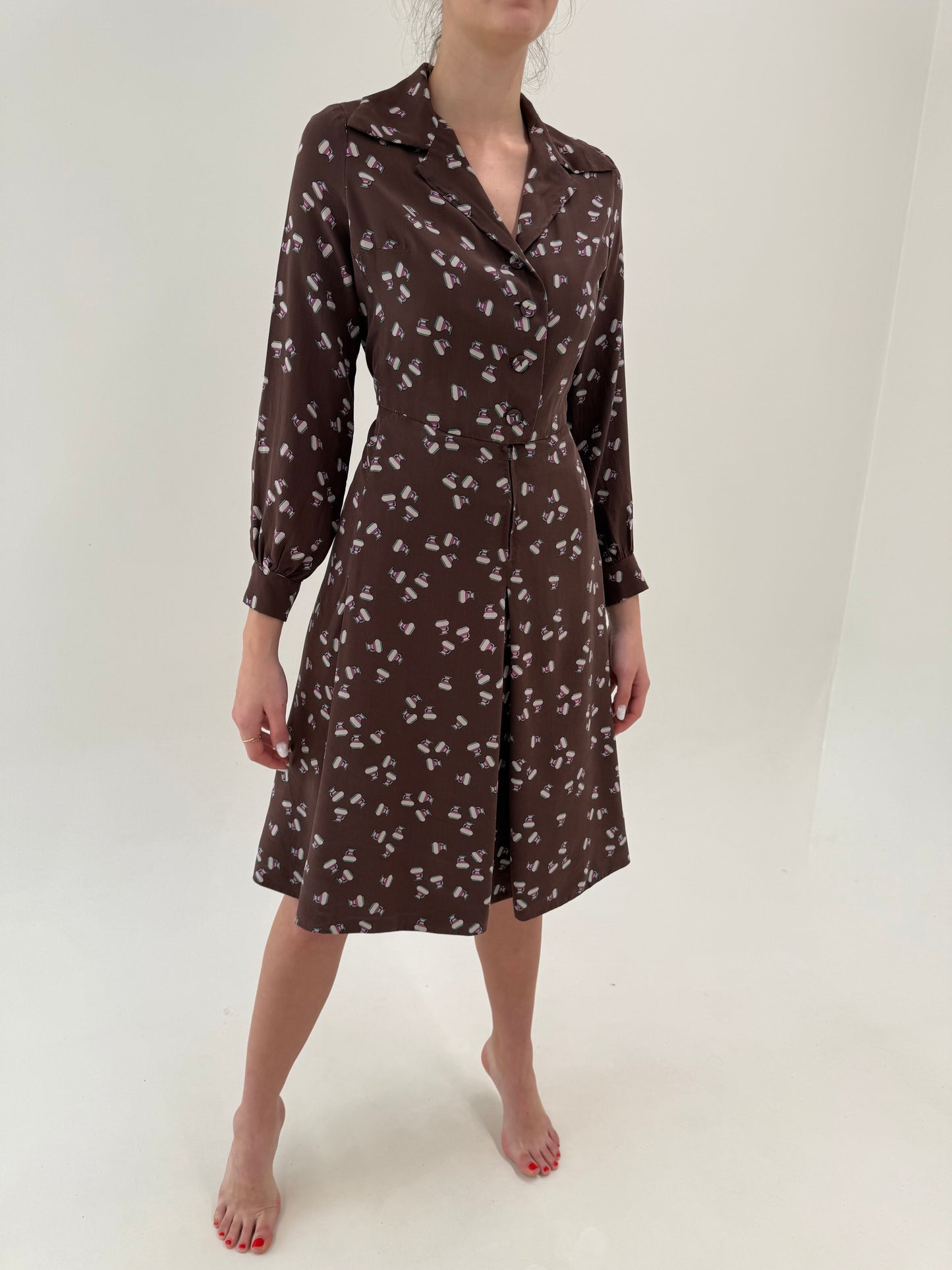 Rochie vintage tip cămașă din mătase mătușă cu print delicat